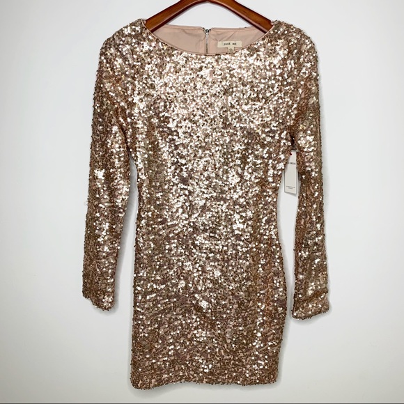 Just Me Dresses & Skirts - JUST ME Rose Gold Sequin Long Sleeve Mini Dress S
